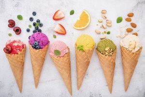 Various kinds of ice cream in waffle cones
