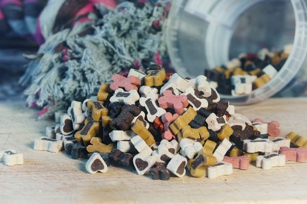 A container of of dog food spilled over with dog toys in the background.